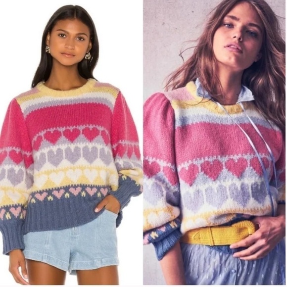 LoveShackFancy Shirelle Pullover Pink Icing Heart Printed Sweater